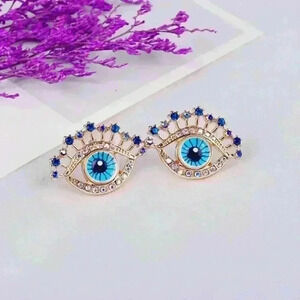 Boho Evil Eye Blue Gold Stud Earrings ✨🧿